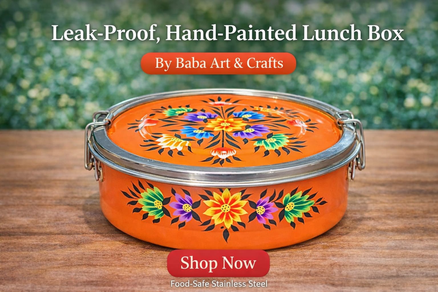 Single Tier Oval Hand-Painted Stainless Steel Lunch Box | Leak-Proof Kashmiri Enamelware